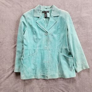 Dialogue Light Blue Real Suede Bonded Leather Blazer Jacket